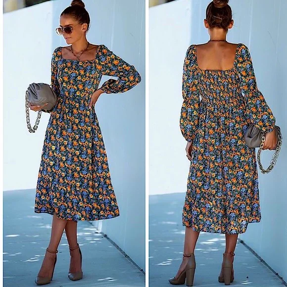 Penna&Pine Dresses Navy Floral Smocked Long Puff Sleeve Midi